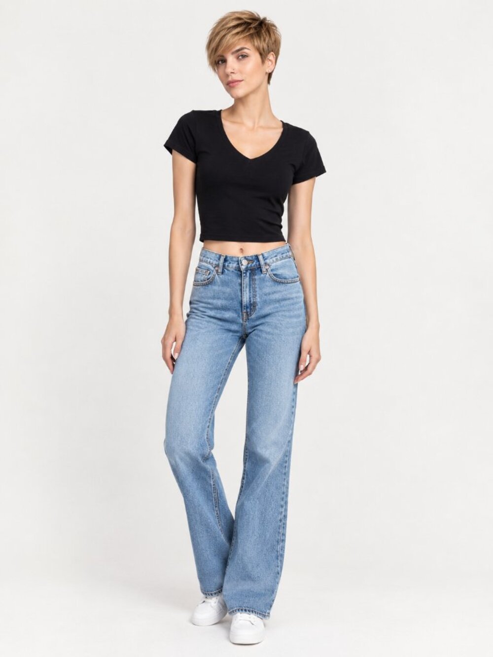 2/$30 Wild Fable Cropped V-Neck Tee Short Sleeve Black Medium #A4696